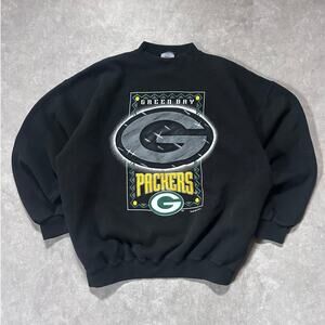 90s Vintage Green Bay Packers Chrome Print Black Crewneck Size XL